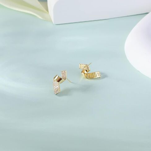 PHNIBIRD Gold Stud Earrings Twirl Shape Ribbon Square Cubic Zirconia Earrings Studs Hypoallergenic Unique Cute Lady Girl Gifts, 0.4"*0.7", Brass Sterling Silver, Cubic Zirconia in Kuwait