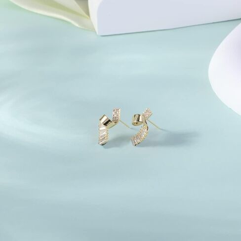 PHNIBIRD Gold Stud Earrings Twirl Shape Ribbon Square Cubic Zirconia Earrings Studs Hypoallergenic Unique Cute Lady Girl Gifts, 0.4"*0.7", Brass Sterling Silver, Cubic Zirconia in Kuwait
