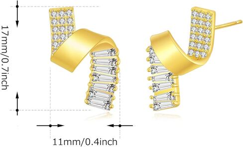 PHNIBIRD Gold Stud Earrings Twirl Shape Ribbon Square Cubic Zirconia Earrings Studs Hypoallergenic Unique Cute Lady Girl Gifts, 0.4"*0.7", Brass Sterling Silver, Cubic Zirconia in Kuwait