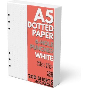 A5 Dot Grid Paper, Extra Thick, 6-Hole Punched, 200 Sheets (400 Pages), 120 GSM