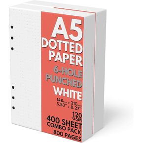 A5 Dot Grid Paper, Extra Thick, 6-Hole Punched, 200 Sheets (400 Pages), 120 GSM