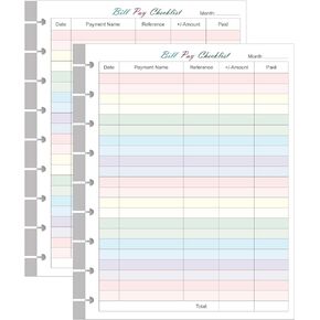 Bill Pay Checklist Refills - 50 Sheets/100 Pages Classic Size Colorful Monthly Budget Forms for 9-Disc Happy Planners, 7"x9.25"