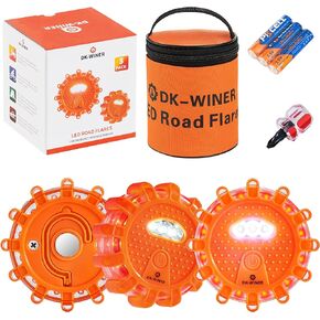 LED Road Flares roadside emergency car kit emergency road flares Kit with Magnetic Base for Vehicles & Boat | 9 Flash Modes(with Batteries) (3pack)