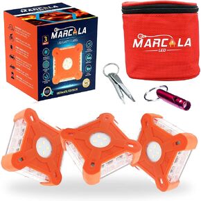 MARCALA V2.0 LED Road Flare 3-Pack | The Only Complete Roadside Safety Disc Kit w/a Whistle! | DOT Compliant LED Safety Flare Kit w/Batteries, Carry-Case and 3 Items | Feel Safer on The Road!