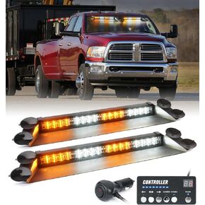 LUMENIX White Amber LED Emergency Dash Strobe Lights w/Controller High-Intensity Windshield Safety Warning Traffic Lightbar Deck Split Flashing Light Bar Suction Cups for Construction Vehicles Trucks