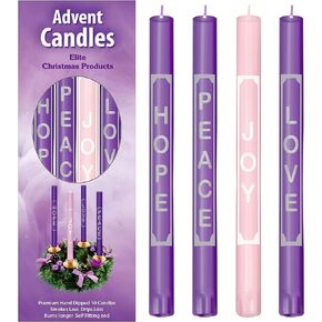 Advent Candles with Words Love, Peace, Hope, Joy On The Candles - Christmas Advent Candle Set of 4 for Advent Rings and Advent Wreaths- Premium Hand Made - Self Fitting End - for Church Advent Wreath