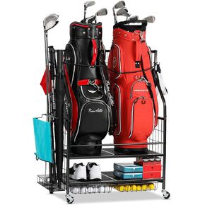 Golf Bag Storage Garage Organizer- Golf Bag Stand Fit for 2 Golf Bags and Golf Clubs, Golf Balls, Golf Equipment Accessories, Extra Large Golf Bag Storage Rack for Garage, Club, Shed, Basement