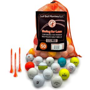 Golf Ball Monkey Pro Series Brand Golf Ball Variety Mix - Recycled and Used Top Brand Golfballs in Mint/Near Mint Condition Includes 50 Recycled Balls, 15 Tees and Mesh Bag.