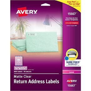 Avery Printable Return Address Labels with Sure Feed, 0.5" x 1.75", Matte Clear, 2,000 Blank Mailing Labels (05667)