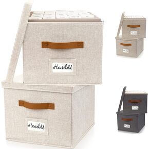 ZICOTO Decorative File Organizer Box Set of 2 - Collapsible Linen Filing Cabinets w/Handles Are Perfect to Store all Your Documents & Hanging File Folders - Portable Easy Slide Crates with Lid
