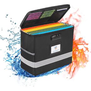 Fireproof File Box with Lock, Document Box Storage Organizer, Suitable for Hanging File Folders in Letter Size, Collapsible File Box, Reflective Strip for Fast Find (12.2"*6"*10.2, Black)