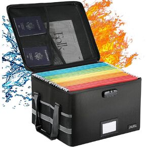 Upgraded File Box with Lock, Fireproof Document File Organizer Box with Water-Resistant Zipper & Adjustable Handle, Collapsible Filing File Cabinet for Hanging Letter/Legal Folder (Black)