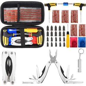 طقم إصلاح إطارات السيارات 53 قطعة مع 13 في 1 كماشة متعددة الأدوات للسيارة والشاحنات وRV وسيارات الدفع الرباعي وATV والدراجات النارية والجرارات والمقطورة وأداة توصيل ثقب الإطارات المسطحة بدون أنبوب، مسمار مطاطي من فيلم فراغ in Kuwait