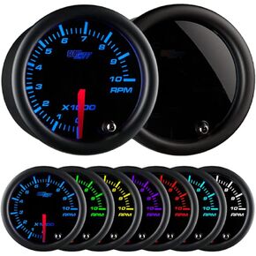 GlowShift Tinted 7 Color 10,000 RPM Tachometer Gauge - for 1-10 Cylinder Gas Powered Engines - Black Dial - Smoked Lens - 2-1/16" 52mm