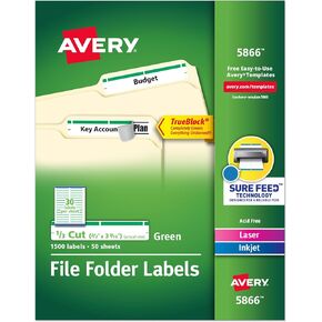 Avery Green File Folder Labels for Laser and Inkjet Printers with TrueBlock Technology, 2/3 inches x 3-7/16 inches, Box of 1500 (5866)