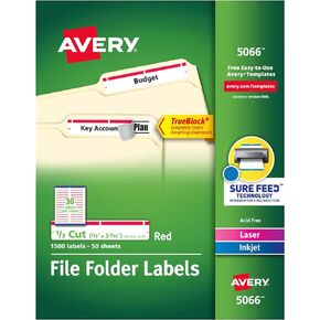 Avery TrueBlock File Folder Labels, 2/3" x 3-7/16", 1,500 Printable Labels, White/Red, Permanent (5066)