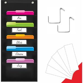 Storage Pocket Chart, Heavy Duty Wall File Organization Folder with 5 Clear File Pockets, 5 Blank Dry-Erase Name Stickers Plus 2 Over Door Hooks for Files, Bills, Classroom & Office (Black, 14" X 28")