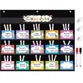 REGELETO Class Jobs Pocket Chart with 70 Colorful Dry Erase Cards and 3 Hooks,Class Management Educational Pocket Chart Teacher's Helper Size: 24.5"x21.8"inch Bulletin Board for Classroom (Black)