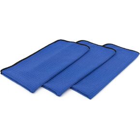 The Rag Company - Dry Me A River - Professional Korean 70/30 Blend Microfiber Waffle-Weave Drying & Detailing Towels, Soft Suede Edges, 390gsm, 16in x 16in, Light Blue (5-Pack)