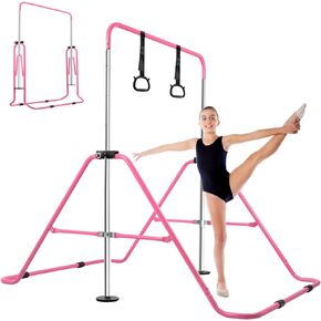 BEEYEO Gymnastics Bar for Home Expandable Adjustable Height Gymnastic Horizontal Bars Folding Junior Training Kip Bar Equipment for Home/Floor/Practice/Gymnastics (Pink)