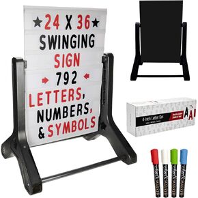 EXCELLO GLOBAL PRODUCTS Swinging Changeable Message Sidewalk Sign: 24" x 36" with 792 Pre-Cut Double Sided Letter & Storage Box, Black Sign Board & 4 Liquid Chalkboard, Letter Board, Black Color Legs