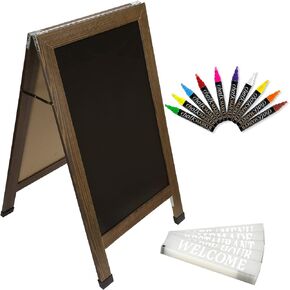 Excello Global Products Large Double-Sided 40x23 Heavy-Duty A-Frame Sidewalk Chalkboard Standing Sign, Includes 10 Chalk Markers, 40 Piece Stencil Set, Chalk and Eraser (Whitewash Grey)