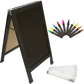 Excello Global Products Large Double-Sided 40x23 Heavy-Duty A-Frame Sidewalk Chalkboard Standing Sign, Includes 10 Chalk Markers, 40 Piece Stencil Set, Chalk and Eraser (Whitewash Grey)