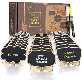 Reusable Mini Chalkboard Signs 30 Pcs in 3 Designs for Food Labels, Table Numbers, and Place Cards Display, Small Blackboards for Weddings, Buffet, and Parties with Wooden Frame and 2 Chalk Markers