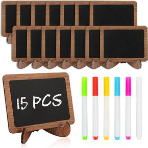 Temlum 15 Pcs Mini Chalkboard Sign with 6 Color Chalk Markers, 2.9″ x 3.9″ Wooden Blackboard Reusable Small Chalkboards for Food, Buffet, Parties, Message Boards, Table Numbers