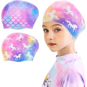 2 Pack Kids Swim Cap Durable Silicone Swim Caps for Boys Girls Toddler Waterproof Bathing Pool Swimming Caps Comfortable Kids Mermaid Unicorn Swimming Hats for Long and Short Hair