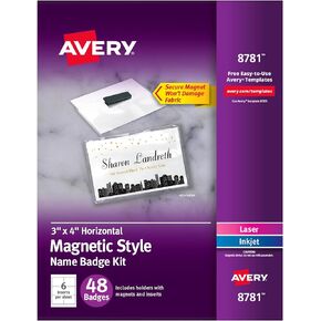 Avery Customizable Name Badges with Magnets, 3" x 4", Clear Name Tag Holders with White Printable Inserts, 48 Magnetic Name Badges (8781)