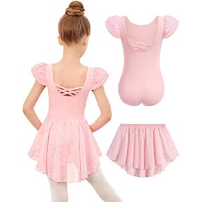 Zaclotre Girls Ballet Leotards with Removable High Low Skirt Toddler Ruffle Sleeve Hollow Back Dance Outfit Combo in Kuwait