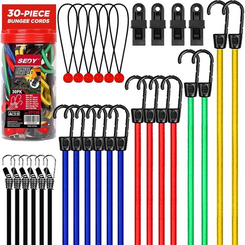 30-Piece Bungee Cords Assorted Sizes - 10" 18" 24" 32" 40" Bungee Cords with Hooks, Bungee Cords Heavy Duty Outdoor, Large Medium Small Mini Elastic Canopy Tarp Bungee Ball Ties Tarp Clips Organizer in Kuwait