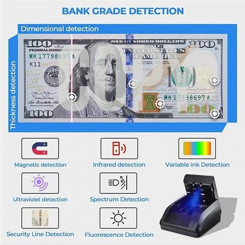 K605 Counterfeit Bill Detector for US Dollars, Automatic 4 Ways Feeding, Checks for UV(Ultraviolet), MG(Magnetic), IR(Infrared), Paper Quality and Size, Verifies Currency Denomination in Saudi Arabia