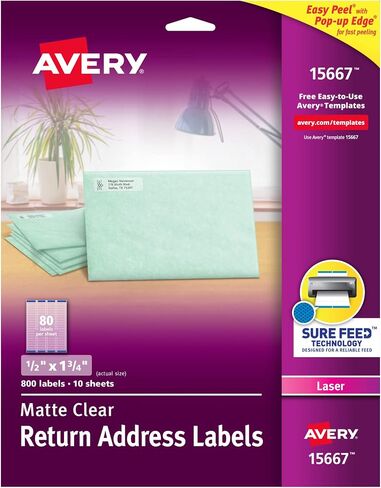 Avery Printable Return Address Labels with Sure Feed, 0.5" x 1.75", Matte Clear, 2,000 Blank Mailing Labels (05667) in Kuwait