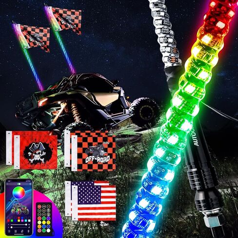 AUTOOMMO 2 PCS 3FT LED Whip Lights - 3X إضاءة سوط UTV احترافية أكثر سطوعًا، مع 6 أعلام للطرق الوعرة، تطبيق وجهاز تحكم عن بعد، 366 وضعًا لمطاردة سوط هوائي مضاء لـ UTV ATV RZR SXS Can-Am in Saudi Arabia