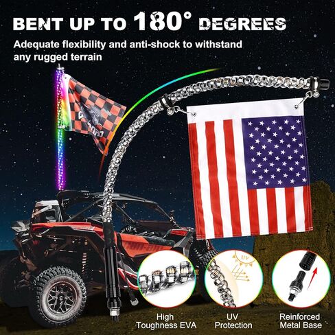 AUTOOMMO 2 PCS 3FT LED Whip Lights - 3X إضاءة سوط UTV احترافية أكثر سطوعًا، مع 6 أعلام للطرق الوعرة، تطبيق وجهاز تحكم عن بعد، 366 وضعًا لمطاردة سوط هوائي مضاء لـ UTV ATV RZR SXS Can-Am in Kuwait