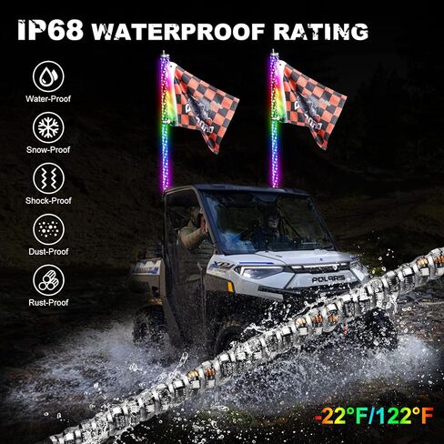 AUTOOMMO 2 PCS 3FT LED Whip Lights - 3X إضاءة سوط UTV احترافية أكثر سطوعًا، مع 6 أعلام للطرق الوعرة، تطبيق وجهاز تحكم عن بعد، 366 وضعًا لمطاردة سوط هوائي مضاء لـ UTV ATV RZR SXS Can-Am in Kuwait