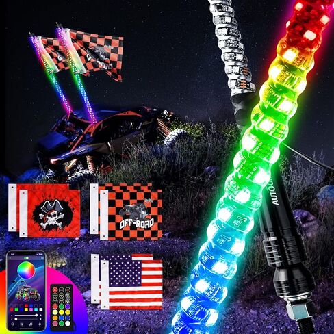 AUTOOMMO 2 PCS 3FT LED Whip Lights - 3X إضاءة سوط UTV احترافية أكثر سطوعًا، مع 6 أعلام للطرق الوعرة، تطبيق وجهاز تحكم عن بعد، 366 وضعًا لمطاردة سوط هوائي مضاء لـ UTV ATV RZR SXS Can-Am in Kuwait