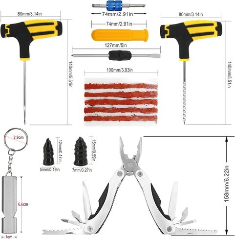 طقم إصلاح إطارات السيارات 53 قطعة مع 13 في 1 كماشة متعددة الأدوات للسيارة والشاحنات وRV وسيارات الدفع الرباعي وATV والدراجات النارية والجرارات والمقطورة وأداة توصيل ثقب الإطارات المسطحة بدون أنبوب، مسمار مطاطي من فيلم فراغ in Kuwait