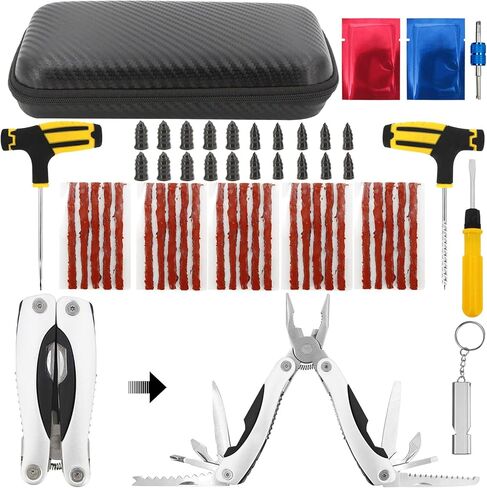طقم إصلاح إطارات السيارات 53 قطعة مع 13 في 1 كماشة متعددة الأدوات للسيارة والشاحنات وRV وسيارات الدفع الرباعي وATV والدراجات النارية والجرارات والمقطورة وأداة توصيل ثقب الإطارات المسطحة بدون أنبوب، مسمار مطاطي من فيلم فراغ in Kuwait