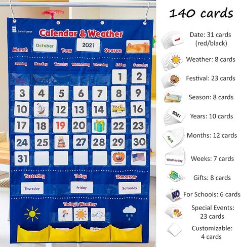 Calendar and Weather Pocket Chart for Kids Learning from Home and School, Homeschooling or Classroom for Teachers, Essential for Helping Young Students - Learn Tower in Saudi Arabia