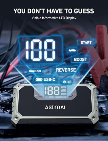 AstroAI Car Jump Starter، 2000A 12V 8-in-1 Battery Jump Starter، ما يصل إلى 7.0 لتر غاز ومحركات ديزل 3.0 لتر، شاشة LED بديهية، بنك طاقة سريع الشحن 3.0 مع محول سجائر، كابل توصيل in Saudi Arabia