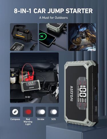 AstroAI Car Jump Starter، 2000A 12V 8-in-1 Battery Jump Starter، ما يصل إلى 7.0 لتر غاز ومحركات ديزل 3.0 لتر، شاشة LED بديهية، بنك طاقة سريع الشحن 3.0 مع محول سجائر، كابل توصيل in Saudi Arabia