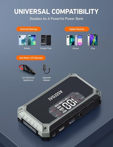 AstroAI Car Jump Starter، 2000A 12V 8-in-1 Battery Jump Starter، ما يصل إلى 7.0 لتر غاز ومحركات ديزل 3.0 لتر، شاشة LED بديهية، بنك طاقة سريع الشحن 3.0 مع محول سجائر، كابل توصيل in Saudi Arabia