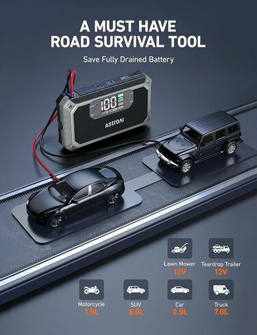 AstroAI Car Jump Starter، 2000A 12V 8-in-1 Battery Jump Starter، ما يصل إلى 7.0 لتر غاز ومحركات ديزل 3.0 لتر، شاشة LED بديهية، بنك طاقة سريع الشحن 3.0 مع محول سجائر، كابل توصيل in Saudi Arabia