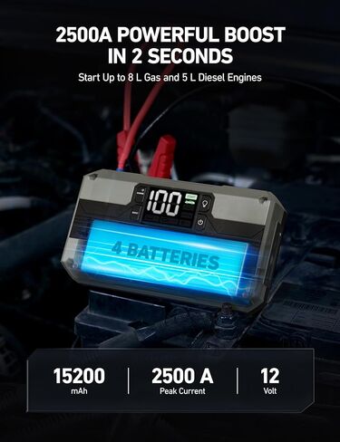 AstroAI Car Jump Starter، 2000A 12V 8-in-1 Battery Jump Starter، ما يصل إلى 7.0 لتر غاز ومحركات ديزل 3.0 لتر، شاشة LED بديهية، بنك طاقة سريع الشحن 3.0 مع محول سجائر، كابل توصيل in Kuwait