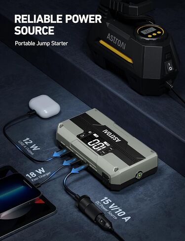 AstroAI Car Jump Starter، 2000A 12V 8-in-1 Battery Jump Starter، ما يصل إلى 7.0 لتر غاز ومحركات ديزل 3.0 لتر، شاشة LED بديهية، بنك طاقة سريع الشحن 3.0 مع محول سجائر، كابل توصيل in Kuwait