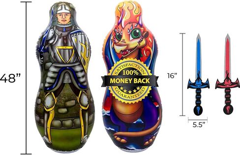 كيس ملاكمة قابل للنفخ للأطفال مع مجموعة سيف إسفنجية | حقيبة بوب مزدوجة الجوانب مقاس 48 بوصة للأولاد والبنات والأطفال | ألعاب خيالية ورياضية ذات طابع الفارس والتنين in Kuwait