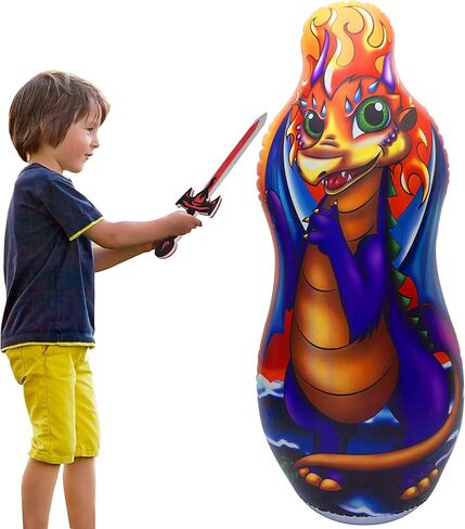 كيس ملاكمة قابل للنفخ للأطفال مع مجموعة سيف إسفنجية | حقيبة بوب مزدوجة الجوانب مقاس 48 بوصة للأولاد والبنات والأطفال | ألعاب خيالية ورياضية ذات طابع الفارس والتنين in Kuwait